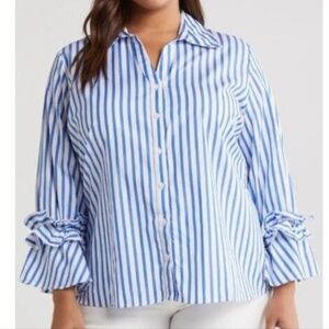 Women's Vibra Blue/White Striped Button Down Ruffle Sleeve Shirt SZ40 Tall (XXL)